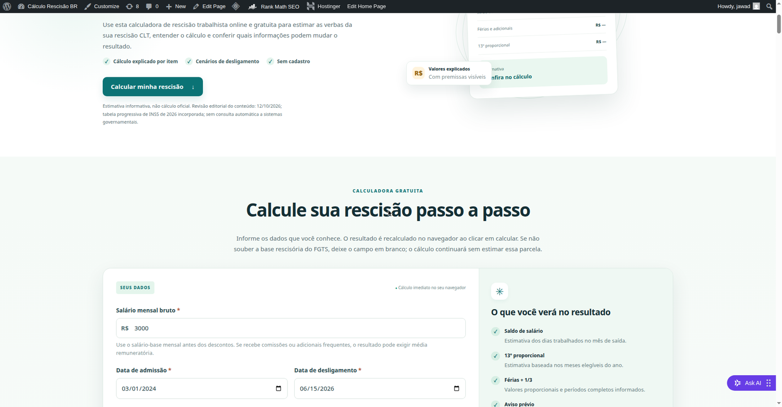 Dados do exemplo do Roberto preenchidos na calculadora de rescisão