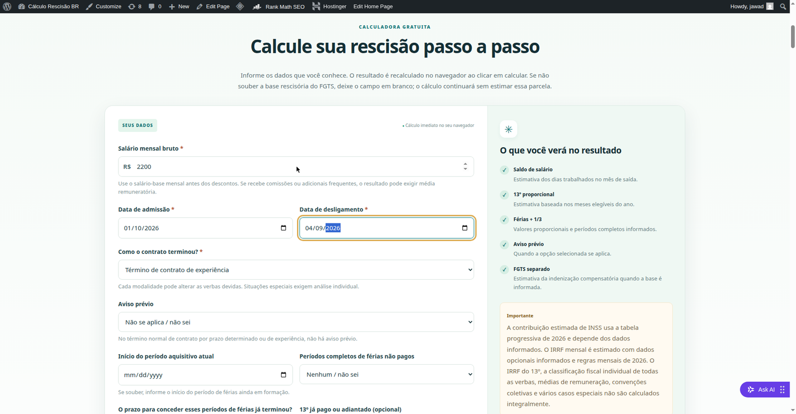 Dados do Exemplo 1 preenchidos na calculadora