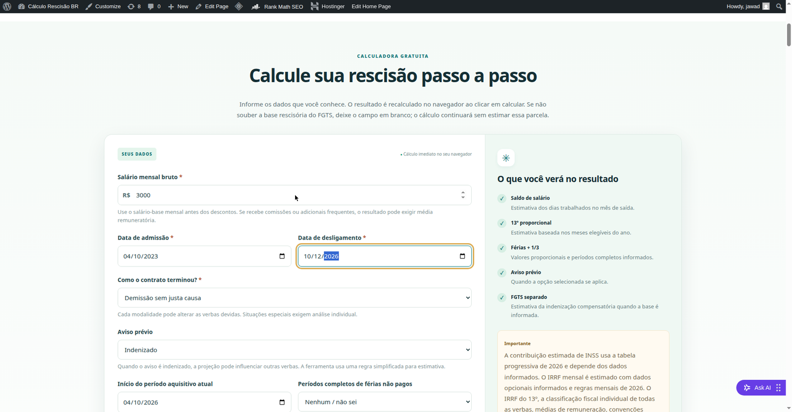 Formulário da calculadora de rescisão preenchido com os dados do exemplo